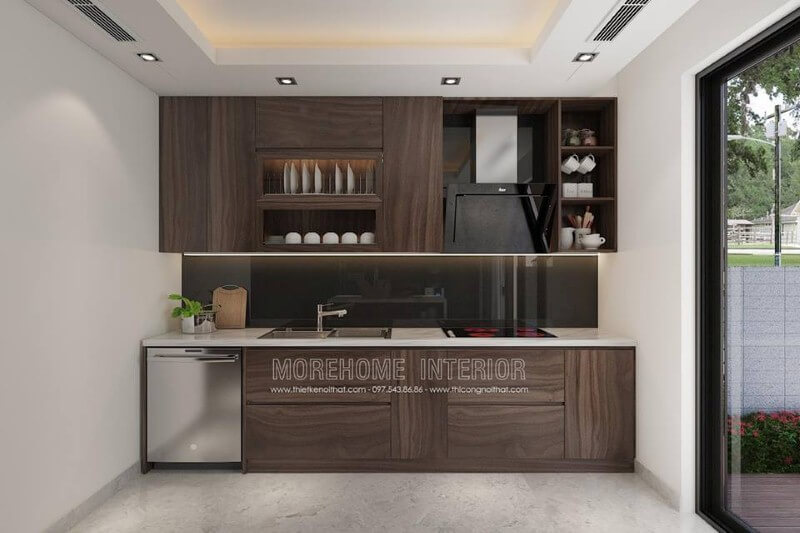 Tủ bếp chữ I có máy rửa bát được bố trí khá hợp lý trong không gian bếp hiện đại phù hợp mọi không gian. Thiết kế tủ bếp chung cư