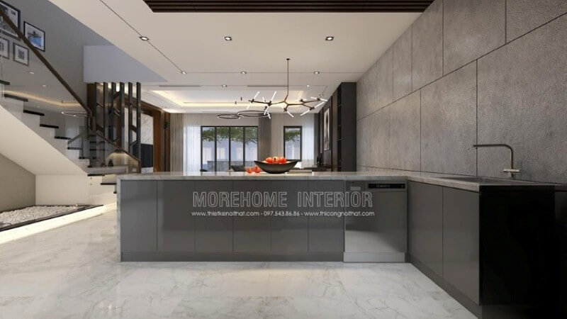 Mẫu bàn đảo bếp độc đáo với bố trí nội thất hiện đại sang trọng từ bộ tủ gỗ công nghiệp acrylic An Cường được phủ bề mặt đá ốp nâu vân chỉ đẹp sang trọng. Tủ bếp đẹp