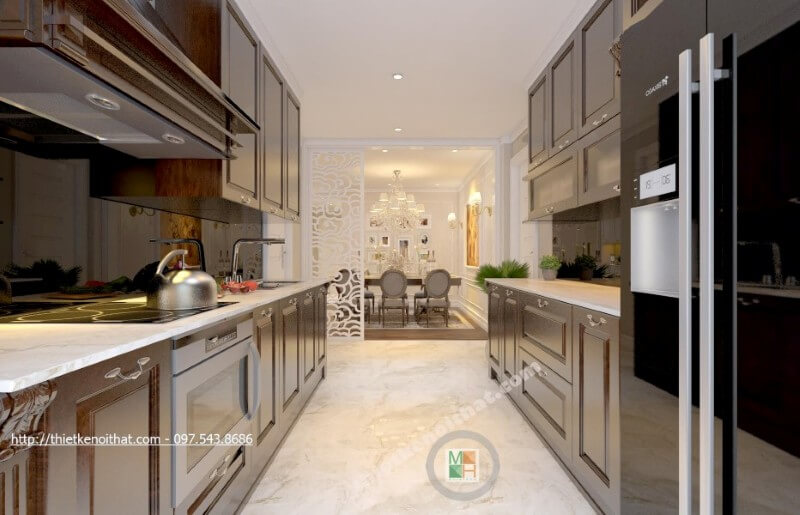 Trang trí nội thất phòng bếp chung cư sang trọng và đẳng cấp hơn với đá ốp bếp nhân tạo màu trắng