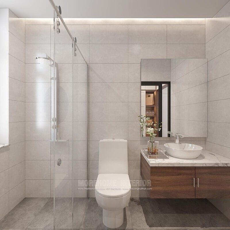 Thiết kế phòng tắm cho nhà ống thường có lợi thế về chiều sâu vì vậy bạn có thể bố trí các phòng khép kín hoặc tách rời, nhưng việc thiết kế phòng tắm tích hợp khu vực vệ sinh sẽ giúp bạn tận dụng tối đa diện tích cho các khoảng không gian còn lại.