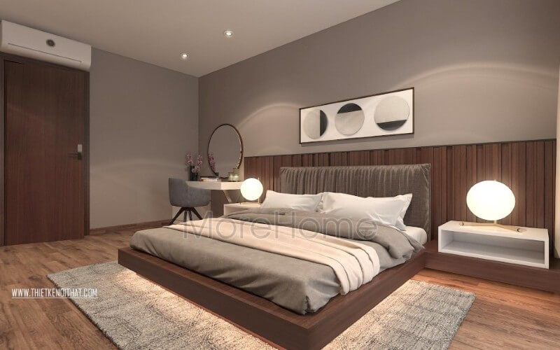 Giường ngủ chung cư đẹp gỗ công nghiệp, phần đầu giường được thiết kế rộng kết hợp với tab đầu giường tạo sự thuận tiện nhất