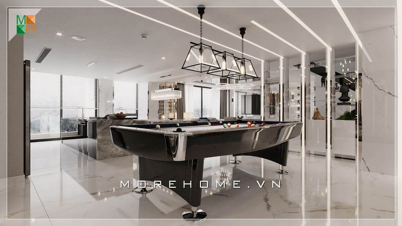 Đa số các nội thất trong không gian đều sử dụng kính làm vách ngăn giữa các khu vực, làm tăng độ tiện nghi cho căn phòng bi da.