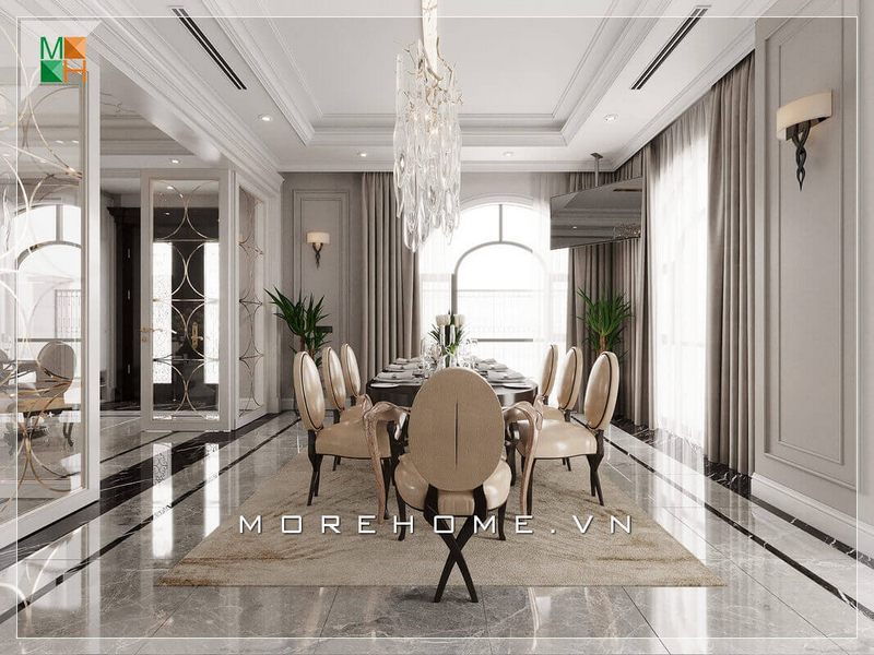 Gợi ý mẫu thiết kế phòng ăn đẹp tân cổ điển sang trọng, đẳng cấp cho biệt thự, nhà phố và chung cư cao cấp.