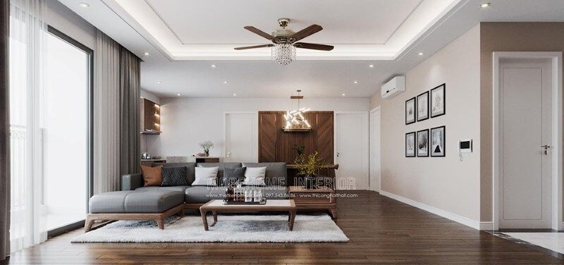 Mẫu sofa góc gỗ óc chó đẹp hiện đại cho phòng khách căn hộ chung cư imperia sky garden Hà Nội