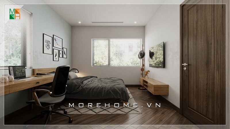 Để tạo độ thông thoáng và lấy ánh sáng tự nhiên cho phòng ngủ, thiết kế căn phòng với 2 cửa sổ lớn.