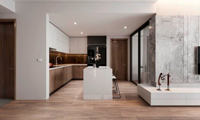 Nội thất phòng bếp của căn hộ cao cấp được thiết kế theo phong cách hiện đại và sang trọng.